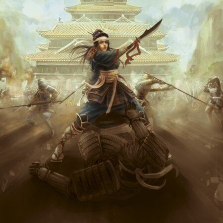Ilustração de Nakano Takeko em campo de batalha